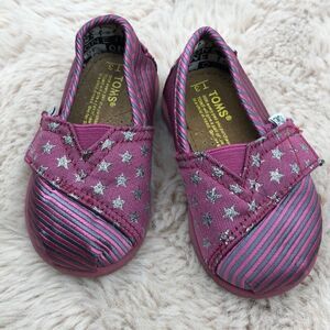 Toms pink silver stars size 3 toddler Velcro shoes